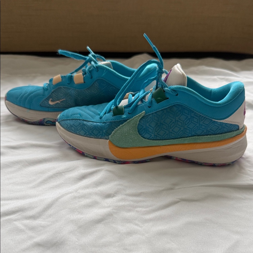 Nike Teal and Yellow Giannis basketball shoes